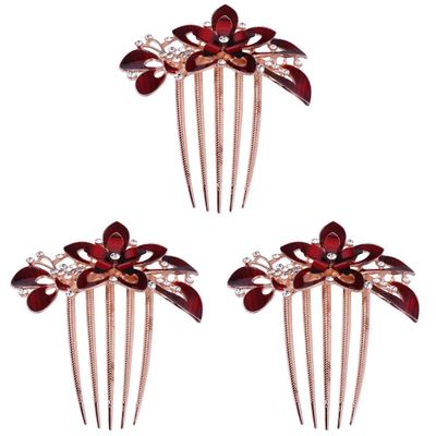 KALLORY 3pcs Flower Bride Hair Comb Delicate Rhinestone Headwear Elegant Fashion Accessory for Weddings and Parties Ornament for Women Red