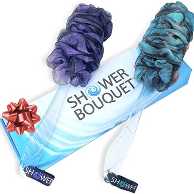 SHOWER BOUQUET Loofah-Charcoal Back-Scrubber Color-2-Pack // Long-Handle-Loofa-Lufa Bath-Sponge Brush/Extra Large Soft Mesh for Men & Women - Exfoliate with Full Pure Cleanse in Bathing Accessories