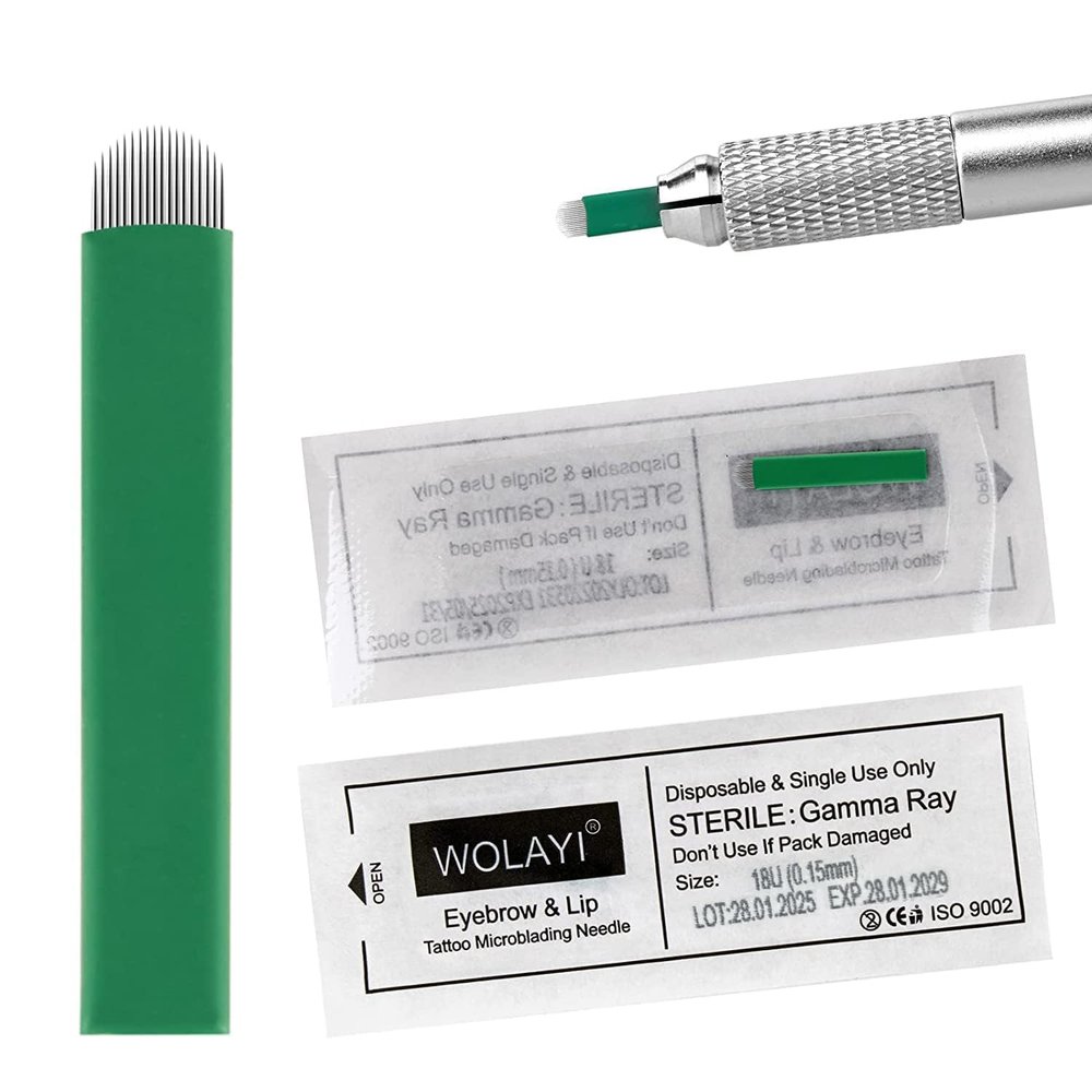 WOLAYI Microblading Needles Nano 0.15mm-Thinnest Blade On The Market, Permanent Makeup Manual Eyebrow Tattoo Needlewith Expiration Date and Lot Number (Green 18U.15mm)