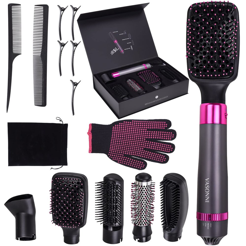 VASONNI 5 in 1 Hair Dryer Brush, Negative Ion Electric Hot Air Blow Dryer Brush Comb (black-red)