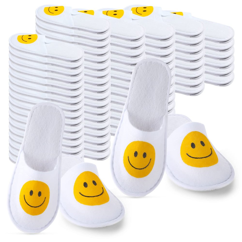 Coume 30 Pairs Disposable Slippers for Guests Bulk, Unisex Spa Smile Face Slippers for Hotel House Travel Party Shoeless Home(1 Size)