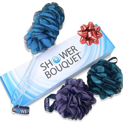 SHOWER BOUQUET Loofah-Charcoal Back-Scrubber & Bath-Sponge Color-Set // 1 Long-Handle-Back-Brush plus 2 Extra Large 75g Soft Mesh Loofa Lufa Loufa Poufs, Men & Women - Exfoliate with Full Pure Cleanse