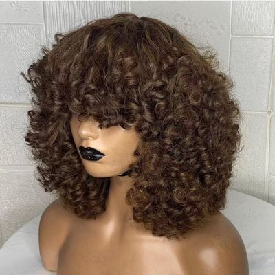 200% Density Rose Curly Wig with Bangs Brown Colored Human Hair Wigs for Black Women Short Bob Curly Wigs Glueless No Lace Remy Hair Full Machine Made Closure Wigs Girls Gifts Scalp Top Wig