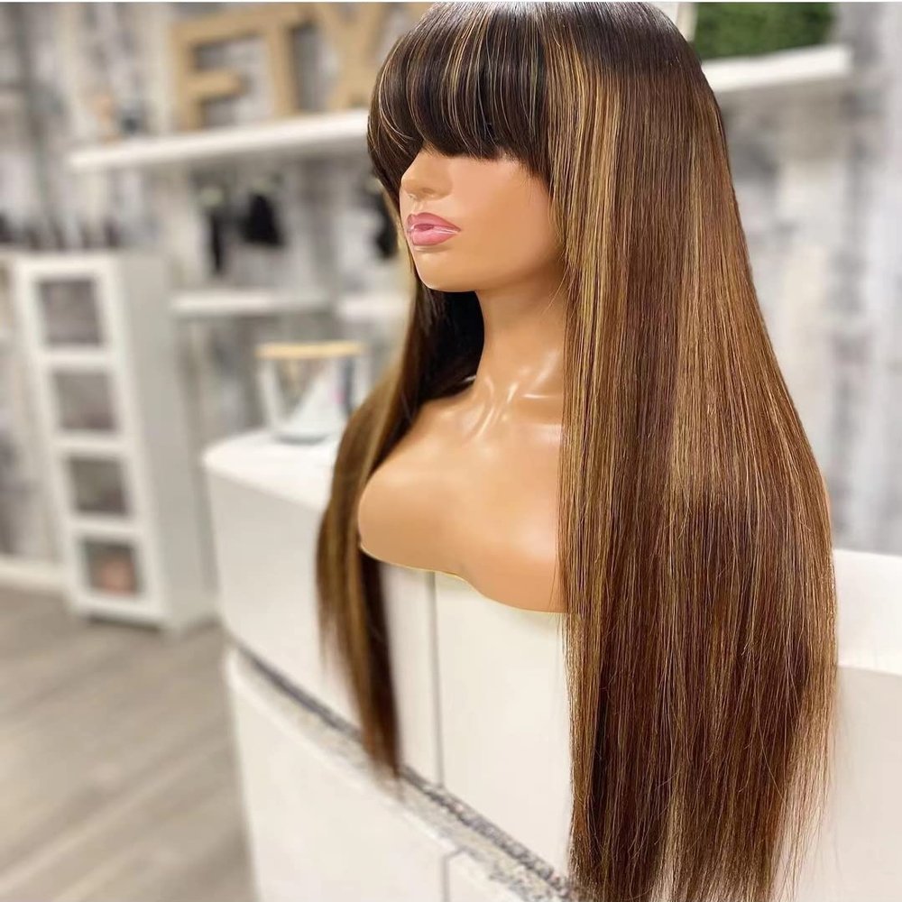 26 Inches Highlights Blonde #4/27 Long Straight Wig with Bangs Ombre Brown Glueless None Lace Closure Wig Human Hair Wig for Black Women Remy Hair Full Machine Made Wig Scalp Top Gifts 180% Density
