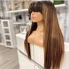 26 Inches Highlights Blonde #4/27 Long Straight Wig with Bangs Ombre Brown Glueless None Lace Closure Wig Human Hair Wig for Black Women Remy Hair Full Machine Made Wig Scalp Top Gifts 180% Density view 1