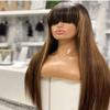 26 Inches Highlights Blonde #4/27 Long Straight Wig with Bangs Ombre Brown Glueless None Lace Closure Wig Human Hair Wig for Black Women Remy Hair Full Machine Made Wig Scalp Top Gifts 180% Density view 2