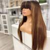 26 Inches Highlights Blonde #4/27 Long Straight Wig with Bangs Ombre Brown Glueless None Lace Closure Wig Human Hair Wig for Black Women Remy Hair Full Machine Made Wig Scalp Top Gifts 180% Density view 3