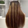 26 Inches Highlights Blonde #4/27 Long Straight Wig with Bangs Ombre Brown Glueless None Lace Closure Wig Human Hair Wig for Black Women Remy Hair Full Machine Made Wig Scalp Top Gifts 180% Density view 4