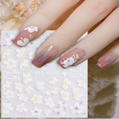 Flower Nail Stickers Camellia Nail Stickers Five Petal Flower Nail Stickers 5D Embossed Self-Adhesive Nail Stickers Decals (2 Sheets) + Nail Multi-Function Tweezers (1 PCS)