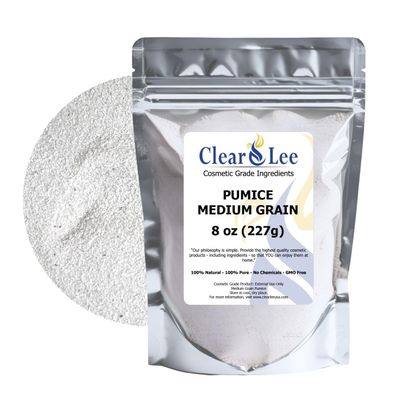 ClearLee Cosmetic Grade Pumice - 100% Pure Natural Grain/Powder - Great For Skin Exfoliation in DIY Soaps, Masks, Scrubs for Face, Body, Foot (8oz, Medium Grain)