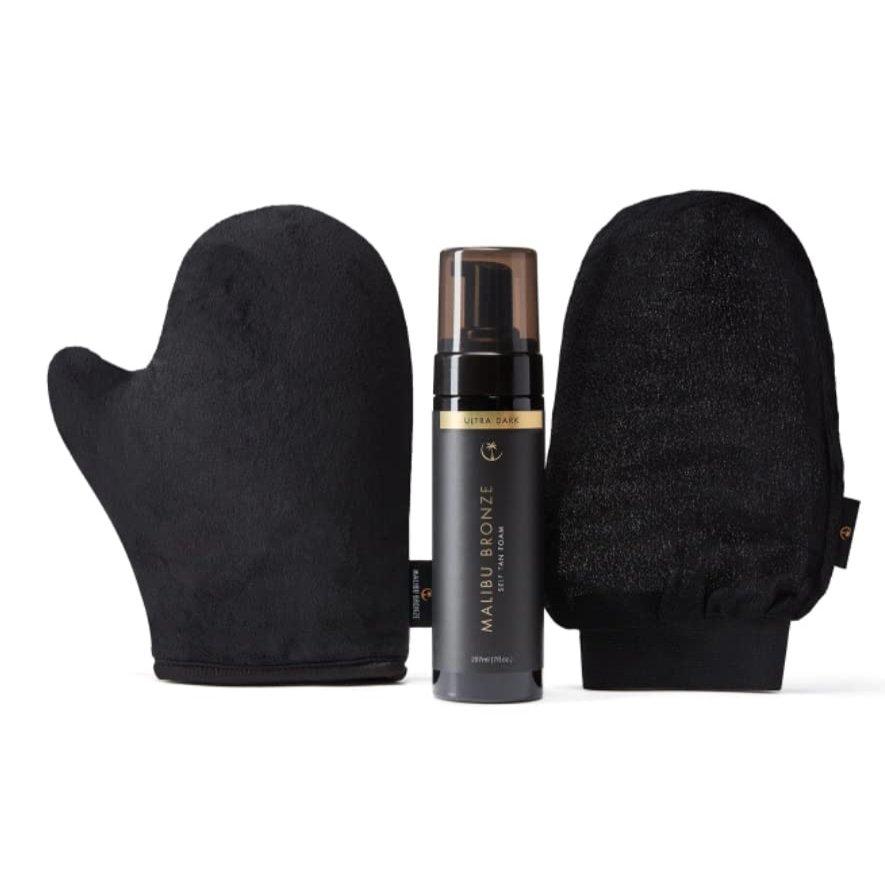 MALIBU BRONZE Glow Bundle Ultra Dark | BUNDLE OF 3 (1-Hour Dark Tan Mousse, Luxe Tanning Mitt, Exfoliate Mitt) | Squalene, Vitamin B3 & Orange Blossom | Reusable Fake Tan Applicator Mitt | Men and Women