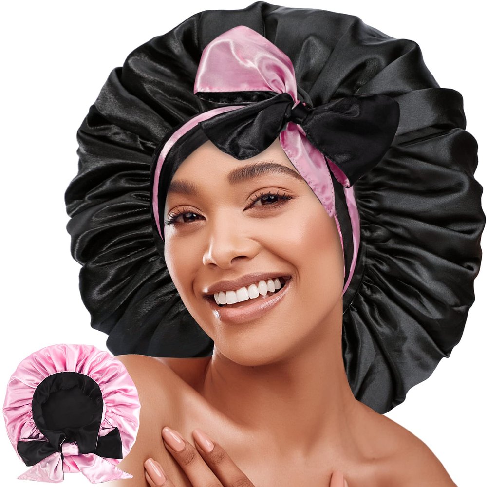 Jumbo Reversible Double Layer Satin Bonnet for Black Women, Adjustable Extra Large Sleeping Satin Lined Night Cap with Wide Tie Band for Braids, Long Curly Hair (Black Pink)