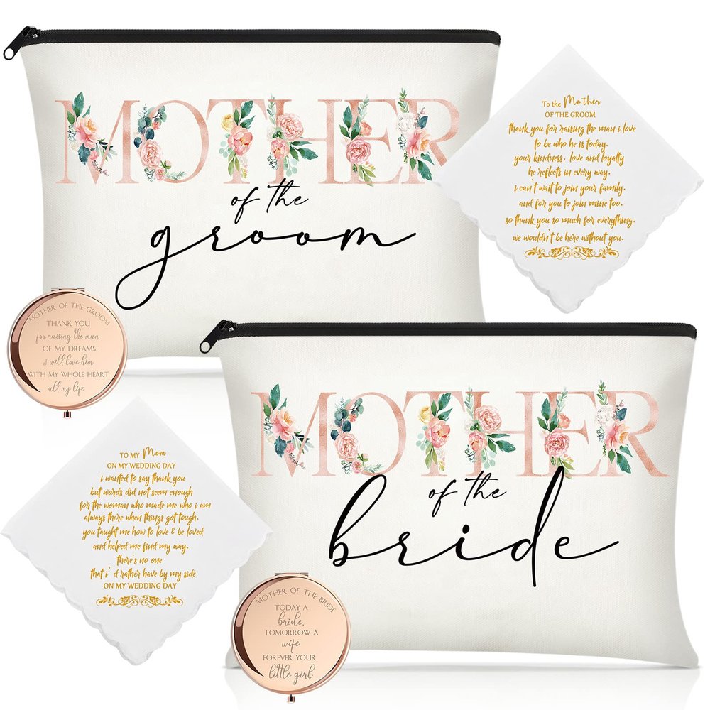 6 Pack Mother of The Bride Gift Mother of The Groom Cosmetic Bag Wedding Makeup Mirror Mom Handkerchief Bridal Shower Bachelorette Gifts for Mom in Law Engagement Favor