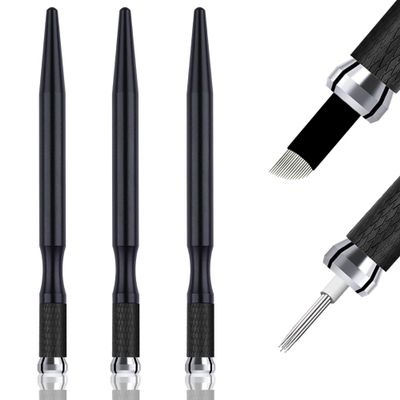 Microblading Pens 3 Piece Black Dual Purpose Light Manual Tattoo Eyebrow Pens For Permanent Makeup Supplies Durable Aluminum Pen With Lock-Pin Tech+20Pcs Disposable Eyebrow Microblading Needles