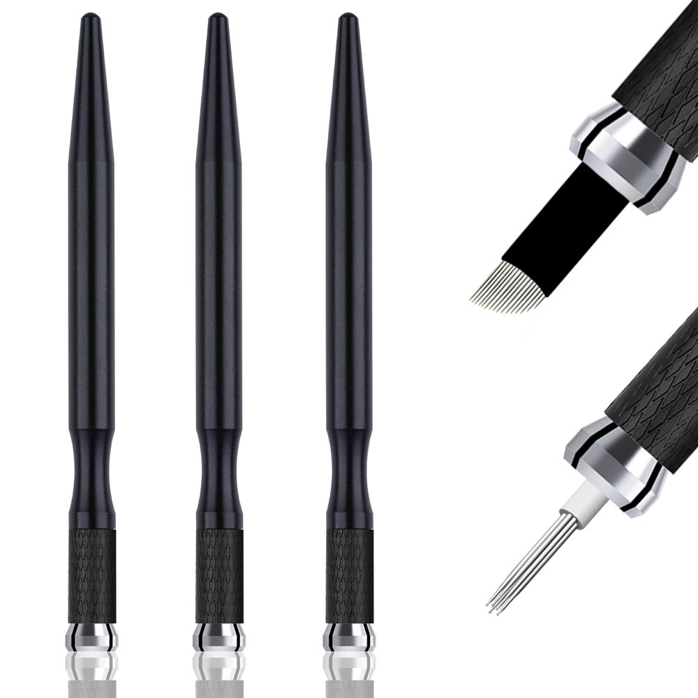 Microblading Pens 3 Piece Black Dual Purpose Light Manual Tattoo Eyebrow Pens For Permanent Makeup Supplies Durable Aluminum Pen With Lock-Pin Tech+20Pcs Disposable Eyebrow Microblading Needles
