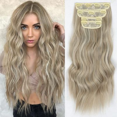 Deethens 4PCS Clip in Beach Wavy Hair Extensions 20 Inches Long Synthetic Hairpieces Bouncy Curly Hair Extensions for Women (20 Inch, Dark Ash Blonde Mix Platinum Blonde)