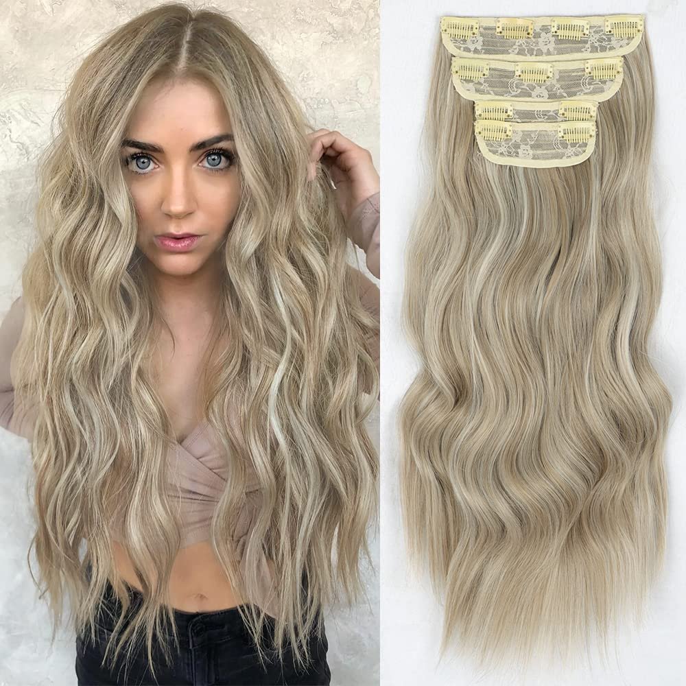 Deethens 4PCS Clip in Beach Wavy Hair Extensions 20 Inches Long Synthetic Hairpieces Bouncy Curly Hair Extensions for Women (20 Inch, Dark Ash Blonde Mix Platinum Blonde)