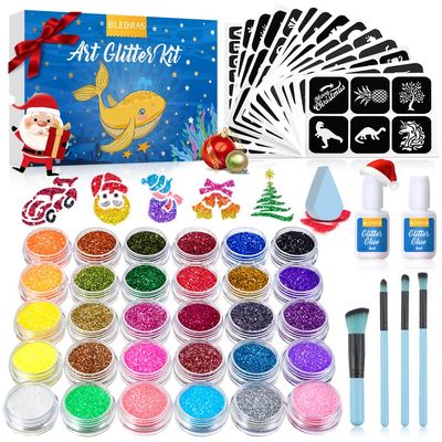 Temporary Glitter Tattoo Kids, Bledras 30 Colors Temporary Tattoo Set, 147 Stencils, 4 Brushes, 2 Glue, Glitter Tattoos for Kids or Adults, Gifts for Girls Boys, Carnival Birthday Festival Party