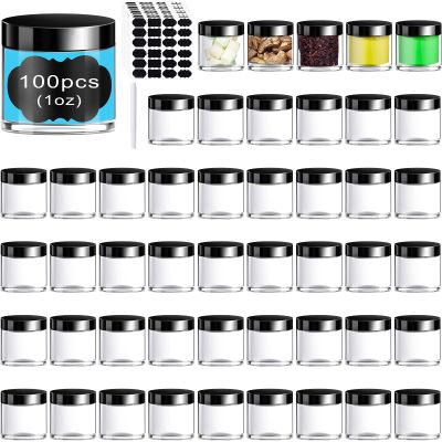 100 Set Plastic Jars Makeup Travel Makeup Container with Lids Small Storage Containers for Creams Toiletries Chalkboard Label Stickers Marker(1 oz,Black)