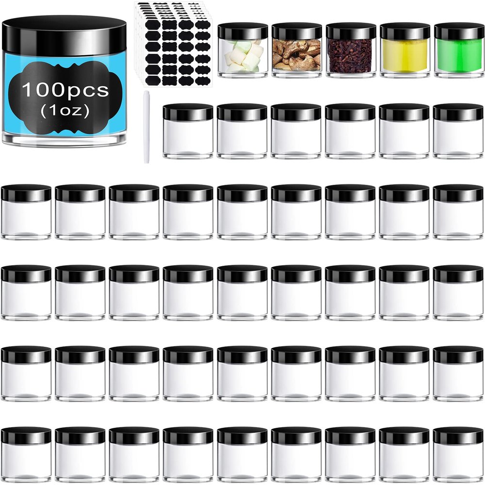 100 Set Plastic Jars Makeup Travel Makeup Container with Lids Small Storage Containers for Creams Toiletries Chalkboard Label Stickers Marker(1 oz,Black)