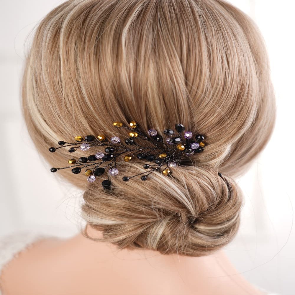 Missgrace Women Bridal Wedding Gold Red Black Side Crystal Hair Comb Special Occasion Headpiece Hair Accessories for Women (Black)