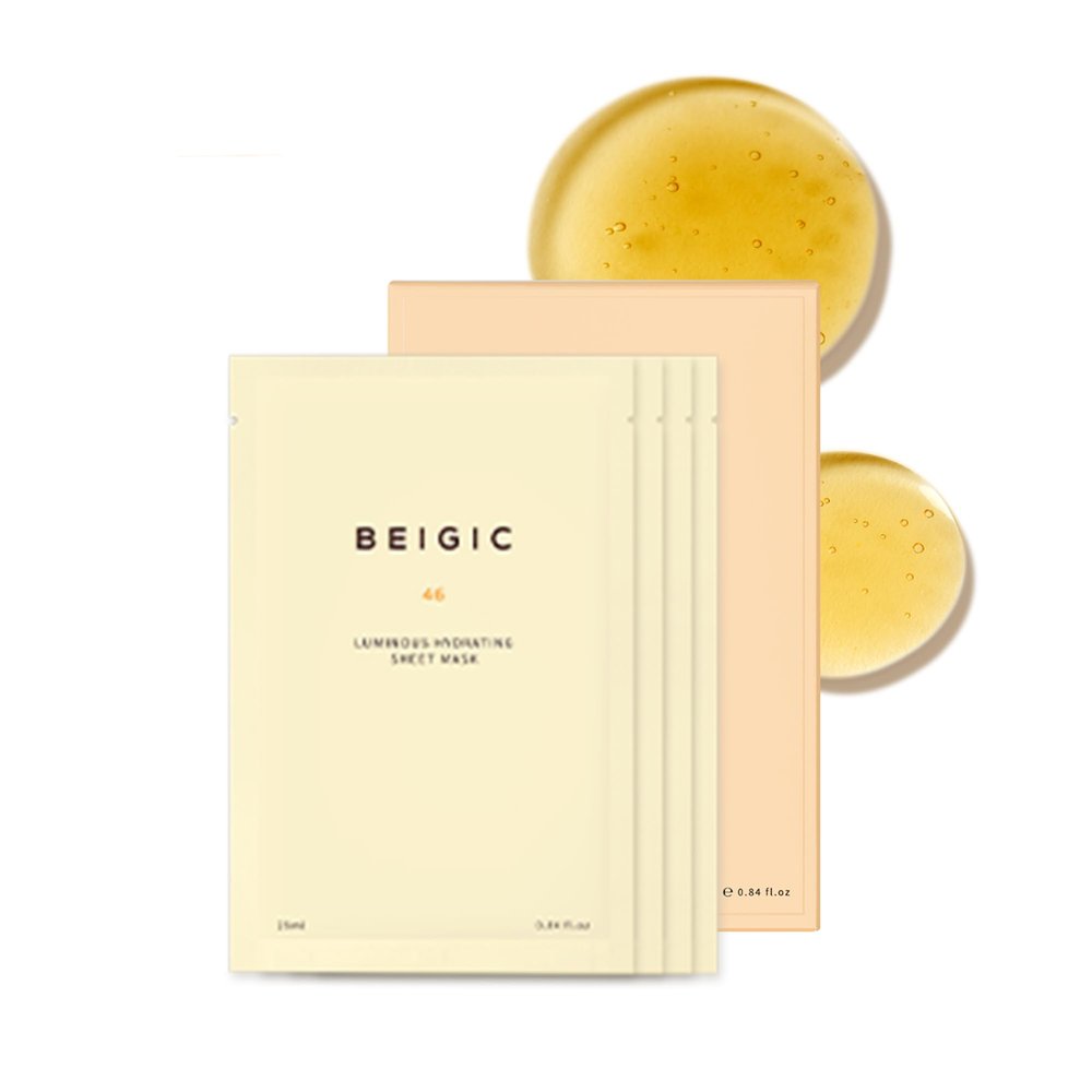 BEIGIC Luminous Hydrating Sheet Mask - Vegan Moisturizing Firming Face Mask Pack with Peptides, Vitamin C & Niacinamide for Dewy Glass Skin (4ea, 0.84 fl oz)