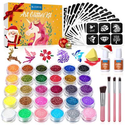 Glitter Tattoo Kit, Bledras 30 Colors Temporary Tattoo Set for Girls, 147 Stencils, 4 Brushes, 2 Glue, Glitter Tattoos for Kids or Adults, for Girls Boys, Carnival Birthday Festival Party