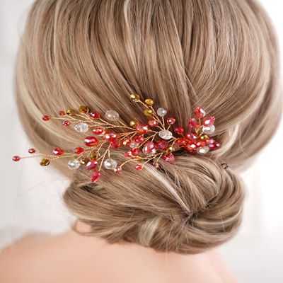 Missgrace Women Bridal Wedding Gold Red Black Side Crystal Hair Comb Special Occasion Headpiece Hair Accessories for Women (Red)