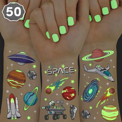 xo, Fetti Space + Planets Glow in Dark Temporary Tattoos for Kids - 50 pcs | Alien Birthday Party Supplies, Astronaut Favors + Rocket ship Decorations
