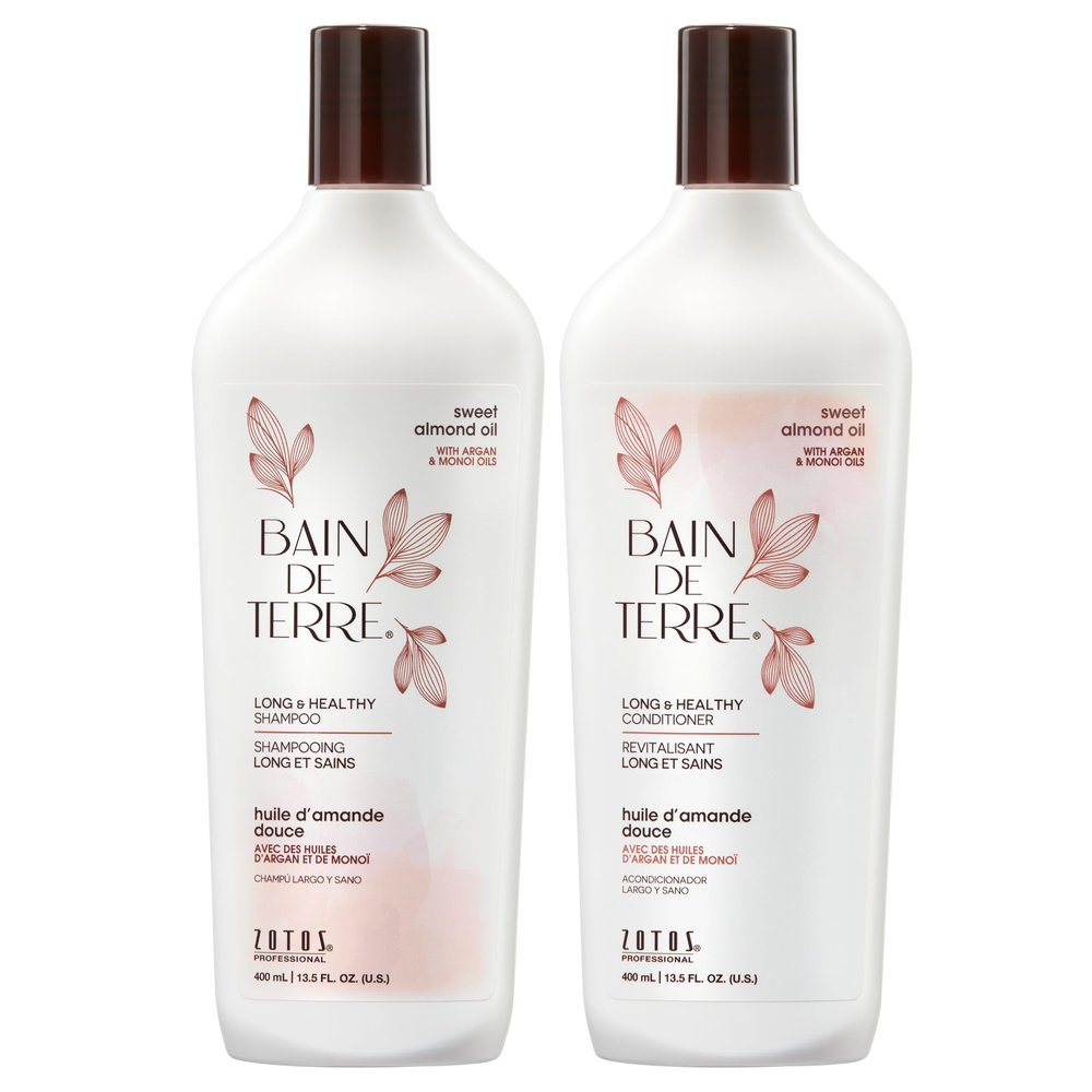 Bain de Terre Long & Healthy Shampoo and Conditioner Set | Sweet Almond Oil | Fortifies & Strengthens Long, Growing Hair | Paraben Free | Color-Safe | 13.5 Fl Oz