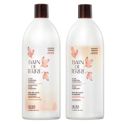 Bain de Terre Ultra Hydrating Shampoo & Conditioner Set | Coconut Papaya | Overly Dry, Damaged Hair | Paraben Free | 33.8 Fl Oz
