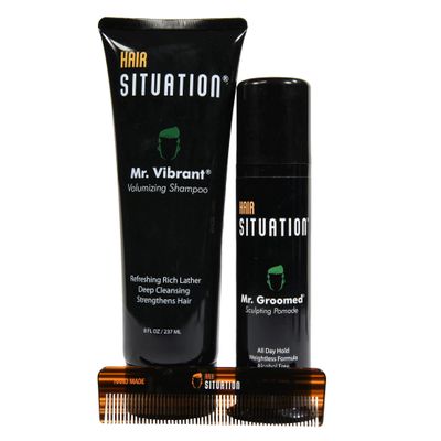 Mr. Groomed Pomade, Mr. Vibrant Shampoo and Comb