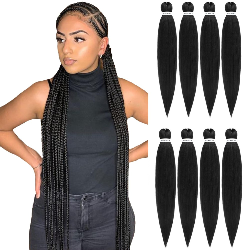 ROSDINA Pre-stretched Braiding Hair - 40 Inch 8 Packs Natural Black Super Long Braiding Hair For Twist or Box Braids, Yaki Texture Hot Water Setting Synthetic Braiding Hair Extensions (40 Inch, 1B-8P)