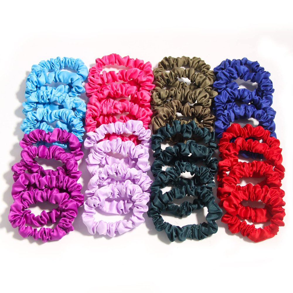 Satin Scrunchies Hair Ties for Women Girls Small Elastic Band,Furling Pompoms 32 Pcs Hair Bobbles Scrunchie Thick Thin Hair Ponytail Holders Accessories Colorful Mix