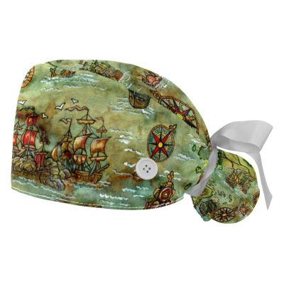 2 Pack Antique Retro Old World Map Nautical Compass Adjustable Working Cap with Button,Ponytail Pouch Tie Back Hats