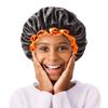 mikimini Small Black Shower Caps Pack of 2 for Kid, Double Layers Waterproof Bathing Hair Cap with Reusable Soft Comfortable PEVA Lining, Cute, Non-fading & Stretchy Shower Hat Small Pack of 2, Black + Orange view 1