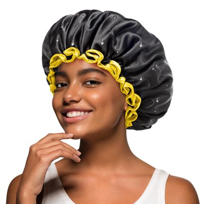 mikimini Black Shower Caps for Women Men & Girls 2 Packs, Reusable, Double Layers Waterproof Bathing Shower Hat with Soft Comfortable PEVA Lining, non-fading, Stretchy Shower Cap