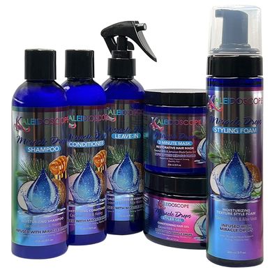 Kaleidoscope - Miracle Drops Collection Coconut Milk, Honey & Aloe Vera, Rice Water Moisturizing Blend Shampoo, Conditioner, Leave-In Conditioner, 3 Minute Mask, Styling Gel, Styling Foam Hair Care Bundle 6 Pcs Set