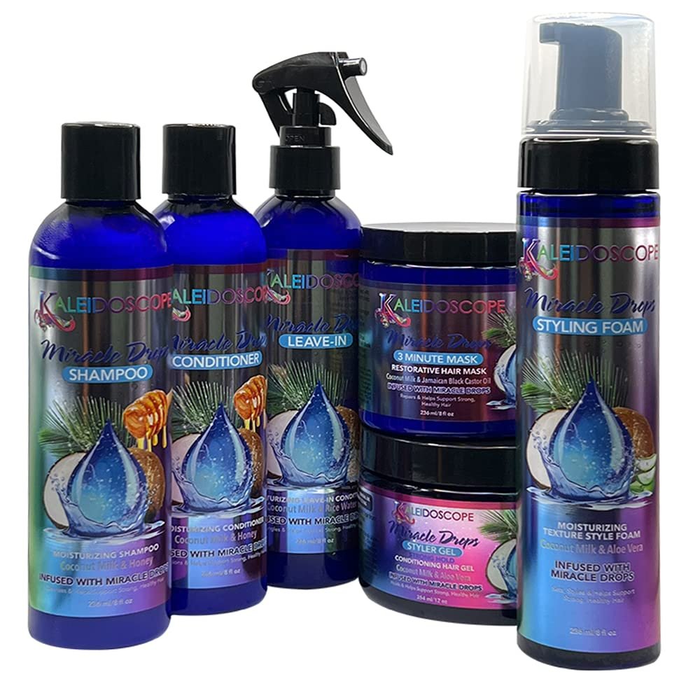 Kaleidoscope - Miracle Drops Collection Coconut Milk, Honey & Aloe Vera, Rice Water Moisturizing Blend Shampoo, Conditioner, Leave-In Conditioner, 3 Minute Mask, Styling Gel, Styling Foam Hair Care Bundle 6 Pcs Set