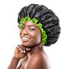 mikimini Extra Large Black Shower Caps Pack of 2 for Women and Men Thick Long Hair Braids, Reusable Waterproof Double Layers XL Bathing Hair Cap with Vibrant Green Edge (Black) view 1