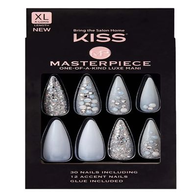 KISS Masterpiece One-Of-A-Kind Luxe Mani Premium Special Effects Design Pointy Stiletto Shape Glossy Holographic Glitters Glue-On XL Extra Long Length Nails with Faux Jewels KMN105SA Tango