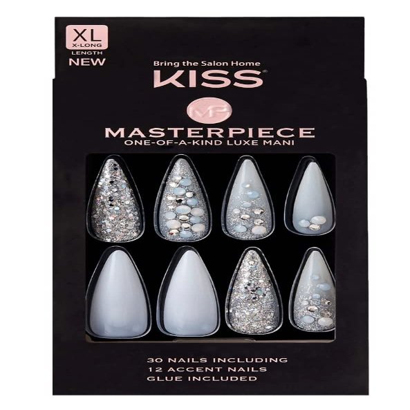 KISS Masterpiece One-Of-A-Kind Luxe Mani Premium Special Effects Design Pointy Stiletto Shape Glossy Holographic Glitters Glue-On XL Extra Long Length Nails with Faux Jewels KMN105SA Tango