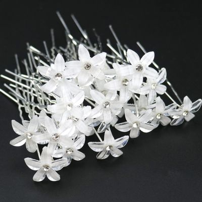 30 PCS Bride Wedding Hair Pins White Flower Bridal Head Clip Crystal Rhinestone Hair Barrettes U-Shape Hair Clips Hair Accessories for Bridal Wedding Women