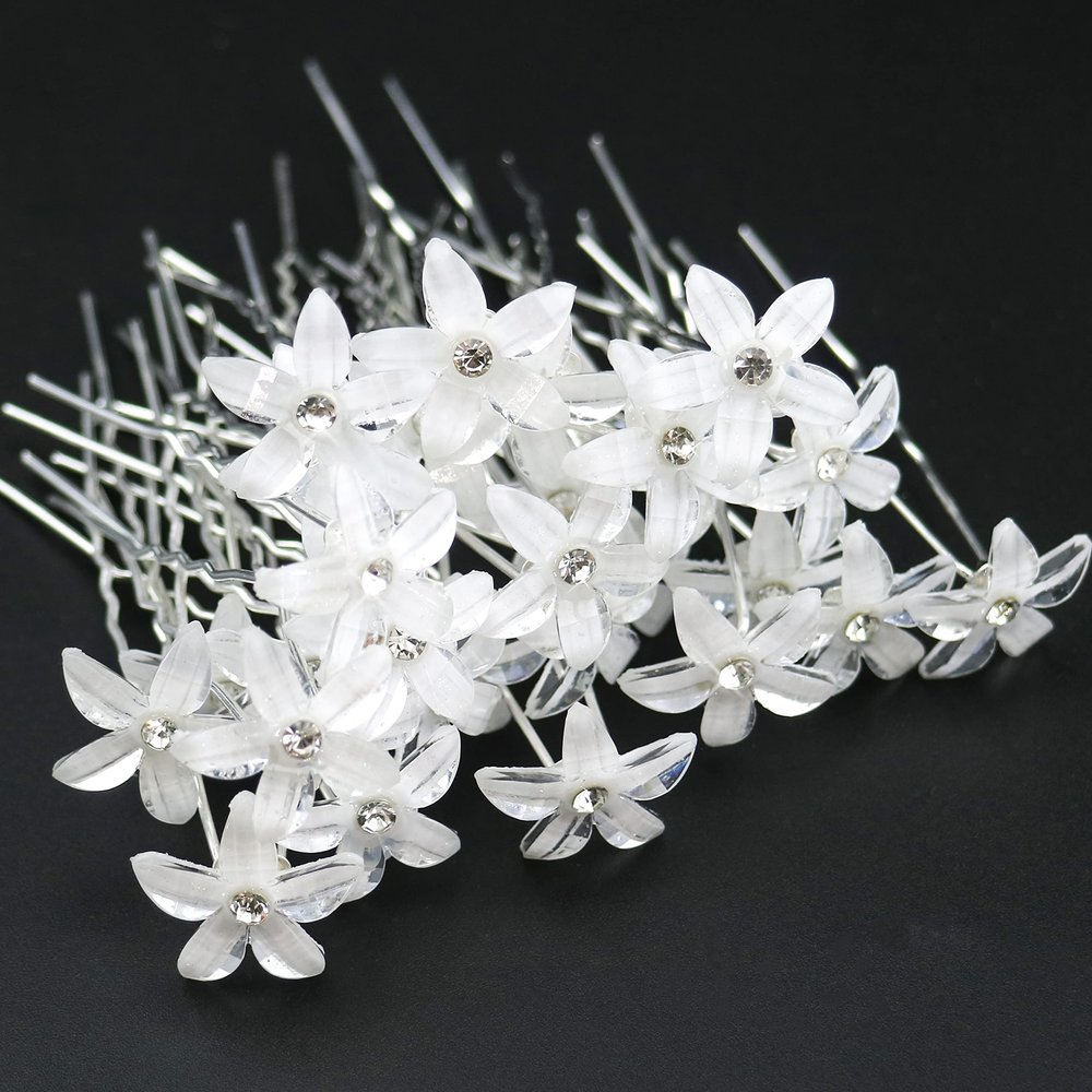 30 PCS Bride Wedding Hair Pins White Flower Bridal Head Clip Crystal Rhinestone Hair Barrettes U-Shape Hair Clips Hair Accessories for Bridal Wedding Women