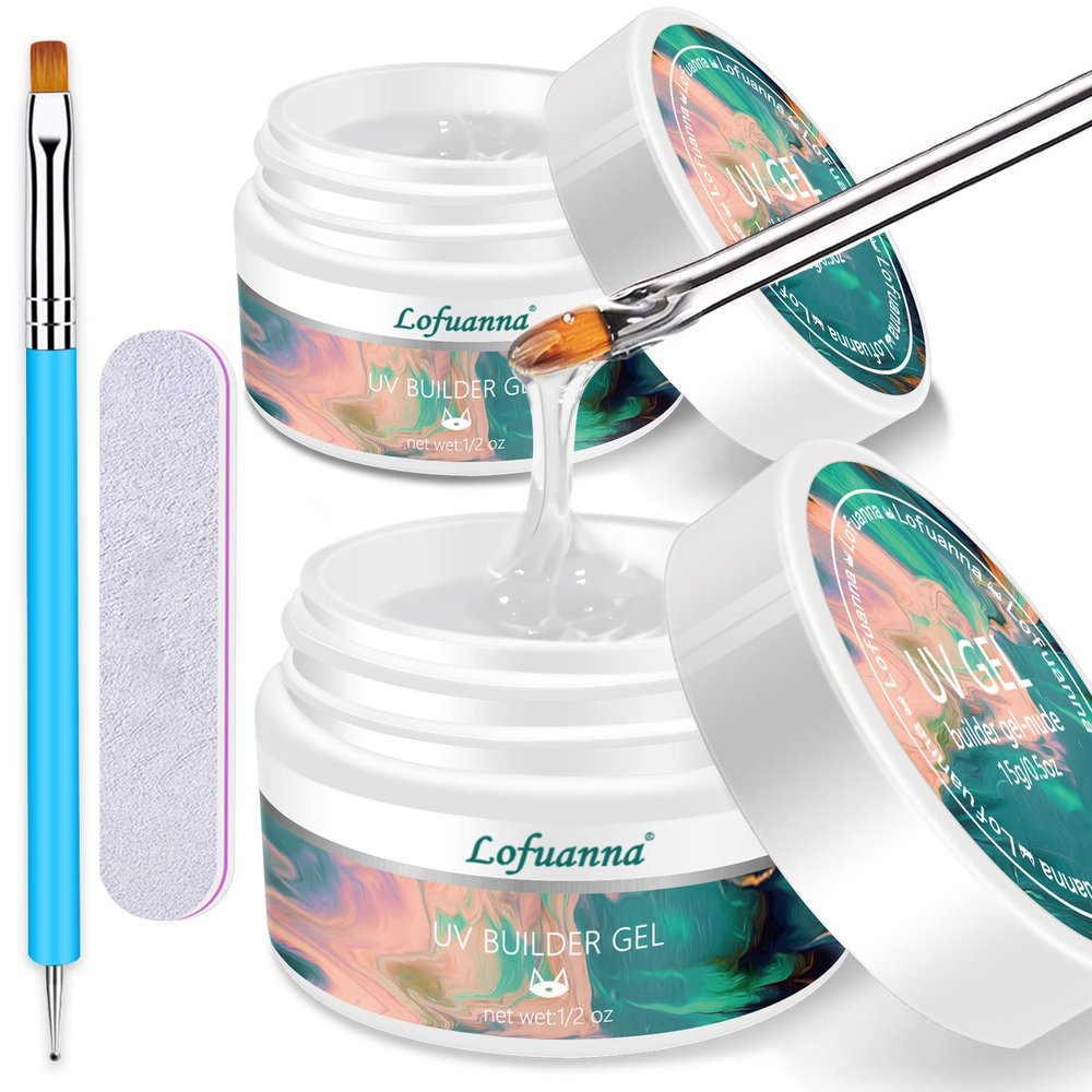 Lofuanna LED/UV Clear Gel Builder - 2PCS Self-Leveling Formula, Nail Art Brush & File, Strengthens Natural Nails, Salon-Quality at Home