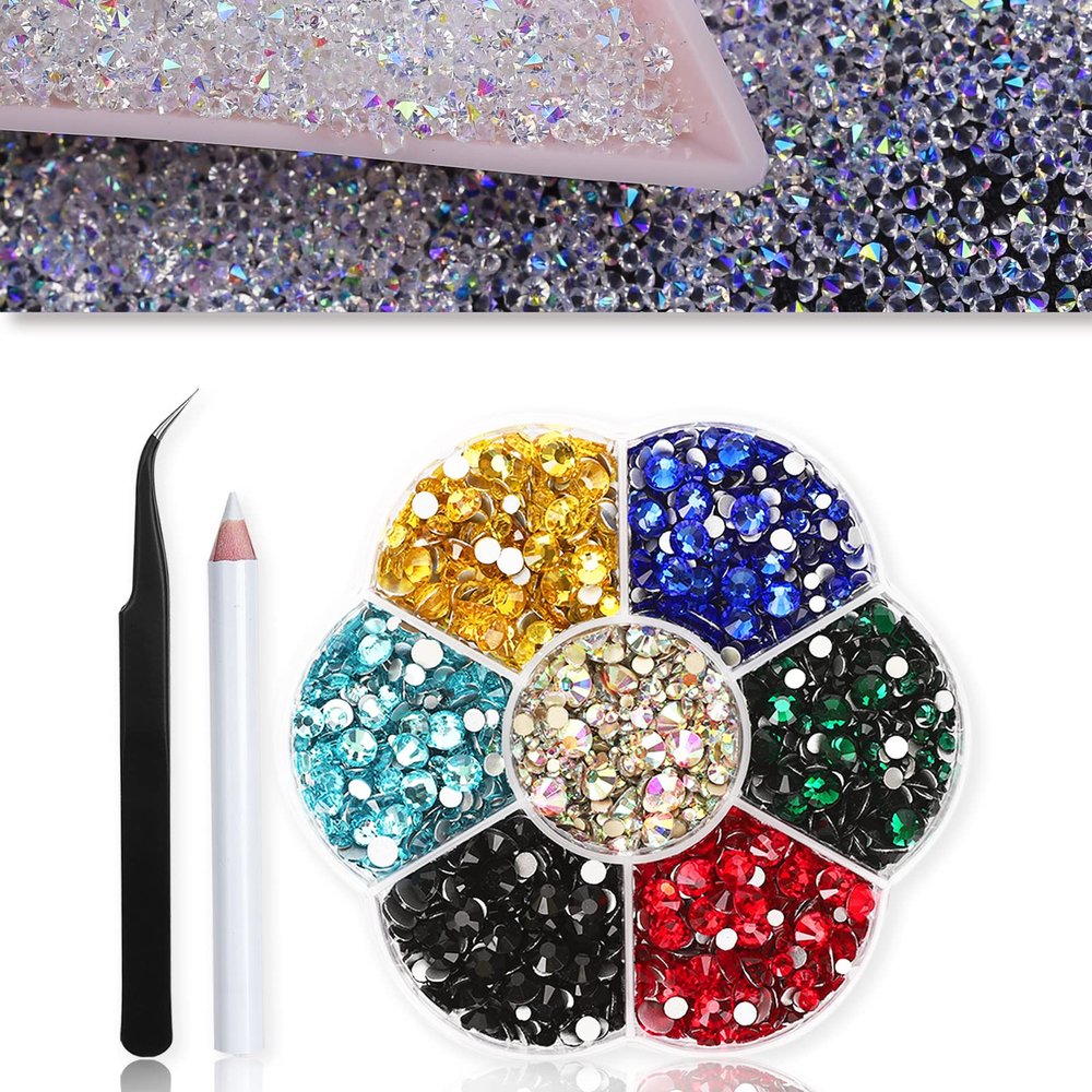 8000Pcs Ultra Mini 1.2mm Nail Rhinestones Sand Nail Micro Diamond AB+Flatback Rhinestones 3150Pcs, Nail Gems Gemstones Crystals Jewels 7 Colors