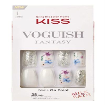 KISS VOGUISH Fantasy Long Length White Glue-On Nails Silver Holographic Glitters Milk Bath (Flower Accent Nails)