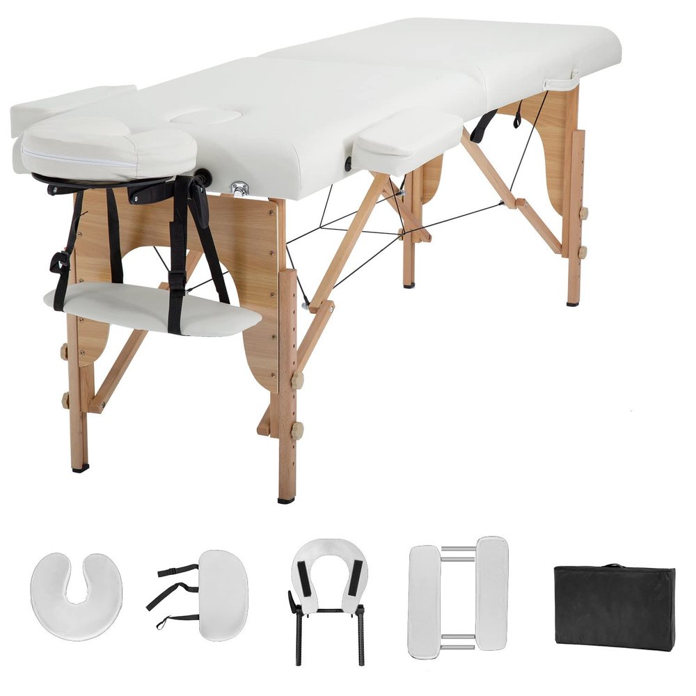 Haiput Wam Portable Massage Table Folding with Free Accessories, Wooden/Aluminum 84" Bed 2" Cushion 2/3 Section Massage Spa Bed,Height-Adjustable Salon Bed (Beech Cream 2 Section)