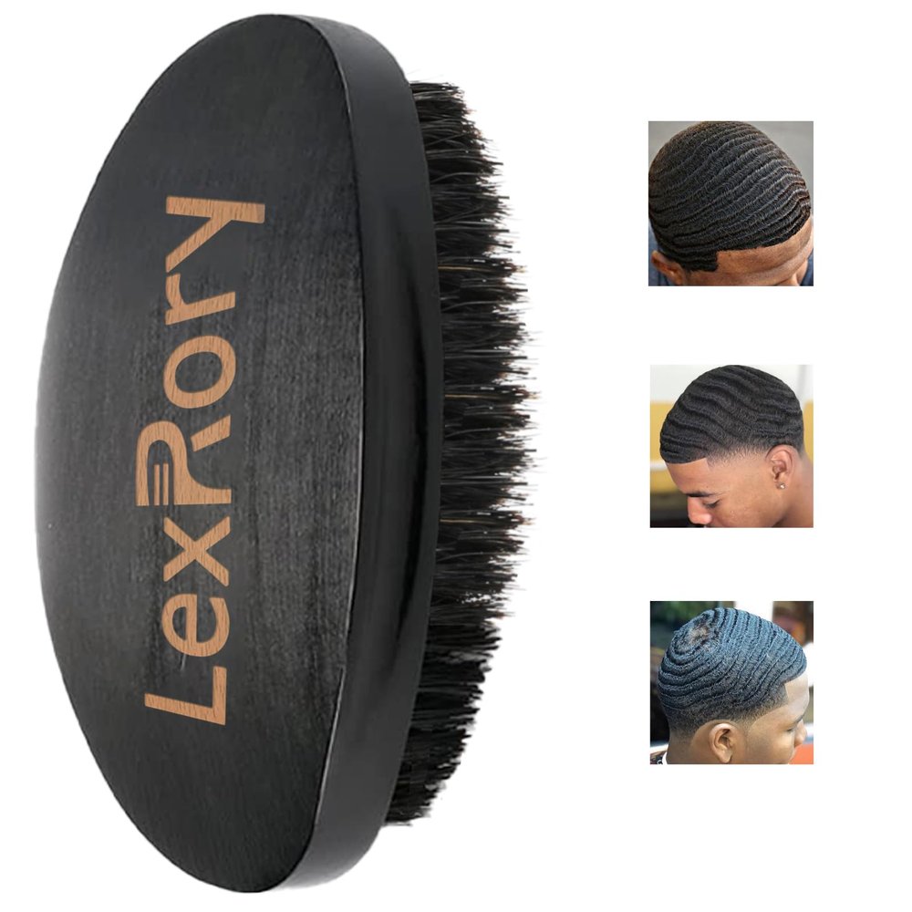 360 Curved Wave Brush For Men - Medium Hard Palm Wave Hair Brushes - Made with Beech Mix Nature Boar Bristle Brush For Black Hair (Black)