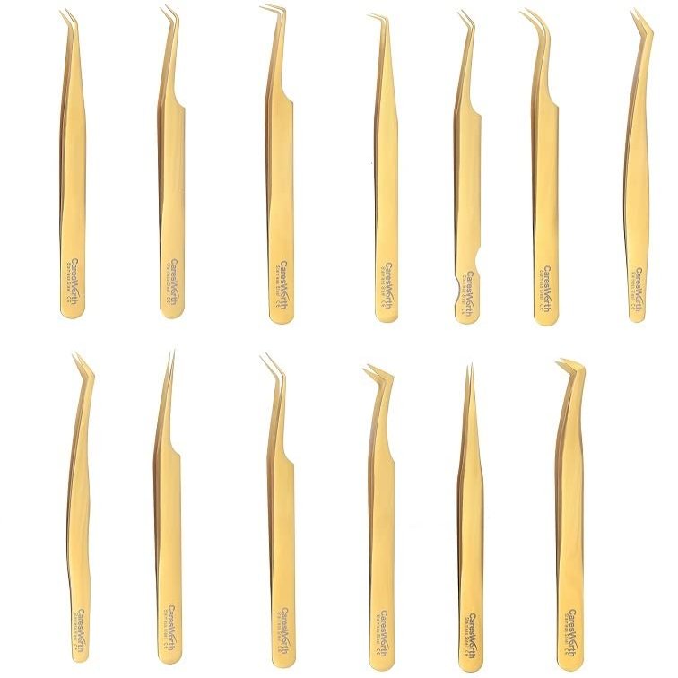 Swiss Quality Eyelash Extension Tweezers Russian Volume Golden Color Japanese Steel (Long Curved)